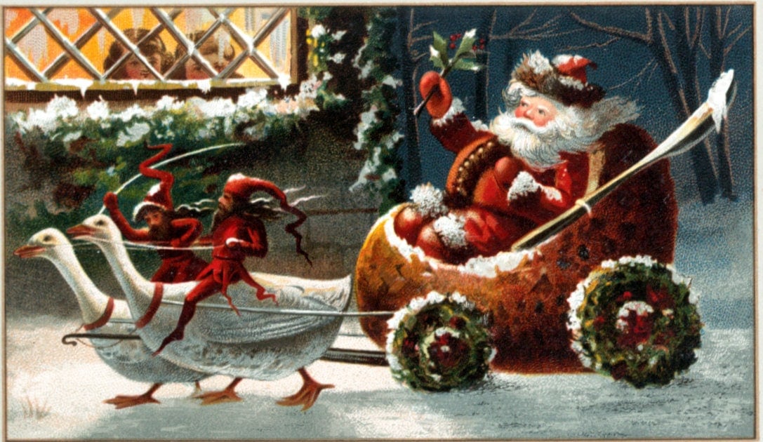 Old St Nick & the fascinating story behind how Santa Claus came to America (1891) 4 Saint Nicholas in a cart being pulled by geese (1880s)