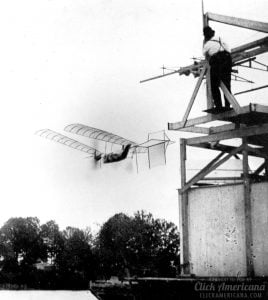 Samuel P. Langley's large steam-powered model Aerodrome No. 5 making a successful flight, 1896.