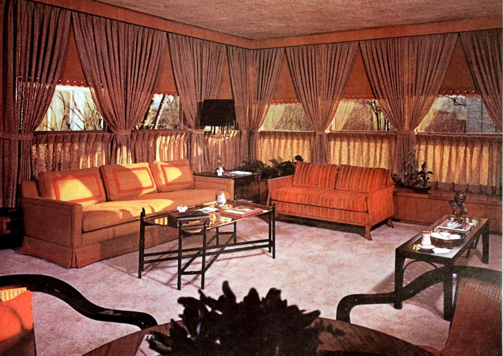 These 25 unique mid-century curtains and drapes may inspire you or... not 7 Semi-sheer tie-back drapes with cafe curtains (1965)