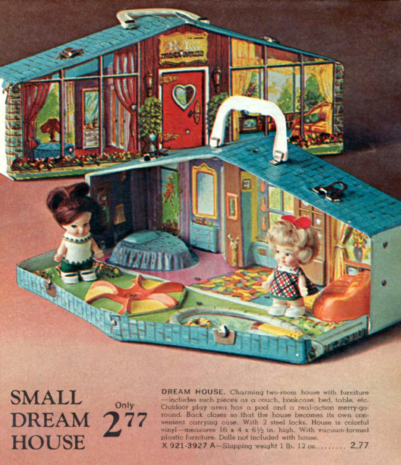 Small Dream House dollhouse with handle (1967) via ClickAmericana com