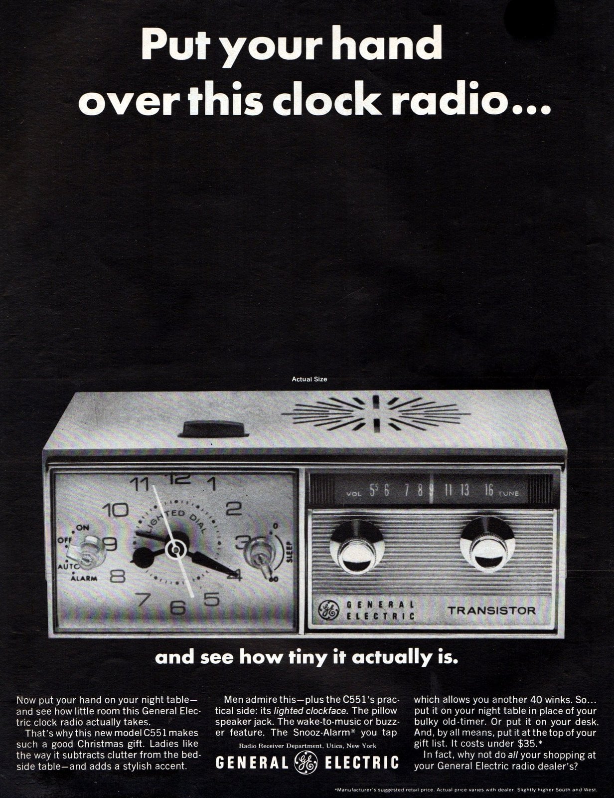 Small GE clock radio with hands (1965) via ClickAmericana com