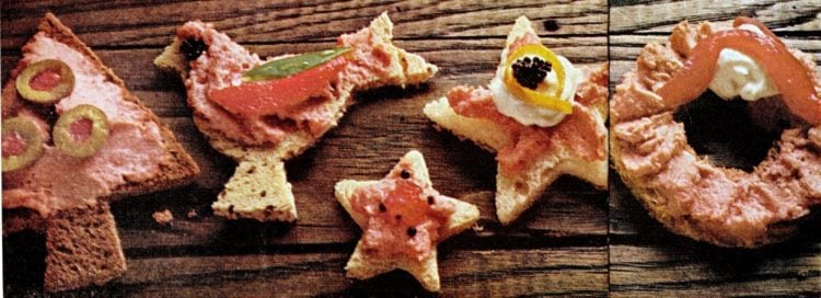 Spam spread on bread for retro Christmas appetizers from 1966
