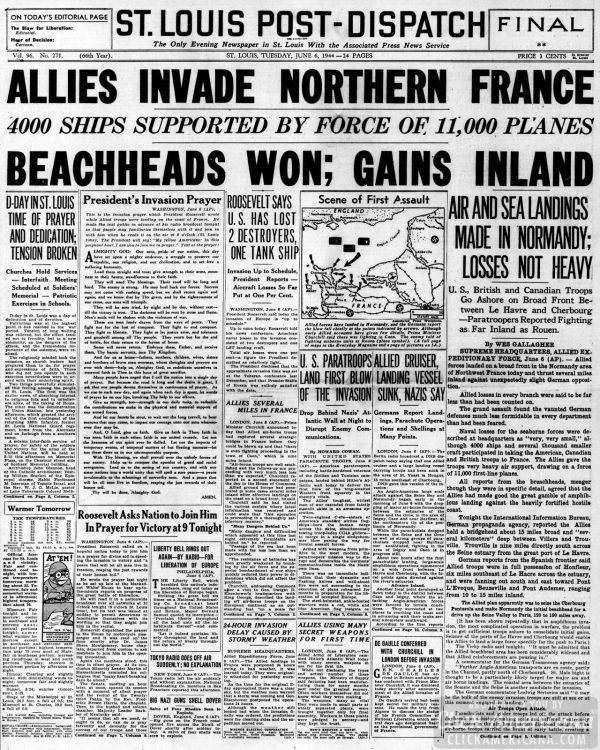 DDay invasion of France See WW2 newspaper headlines (1944) Click