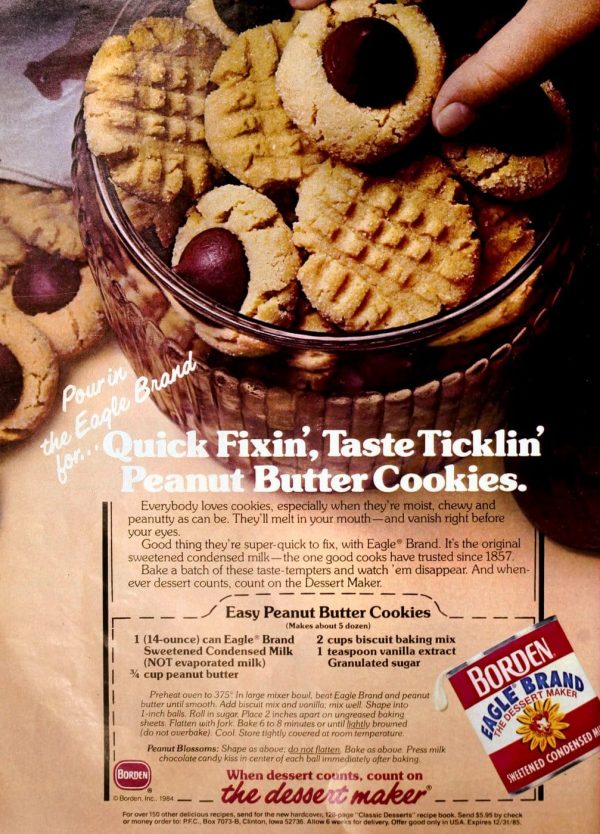 Easy peanut blossoms cookies from 1985, made with sweetened condensed