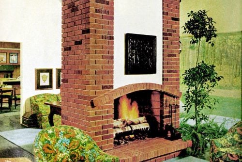 Tall brick fireplace model midcentury living room (1966)