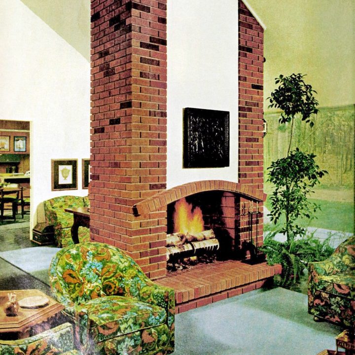 Tall brick fireplace model midcentury living room (1966)