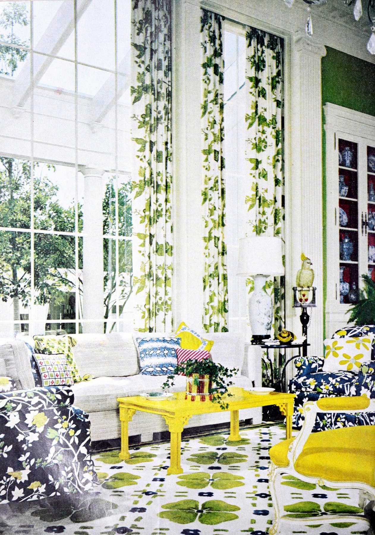tall ceilings and green & white decor made this Texas living room big and bright