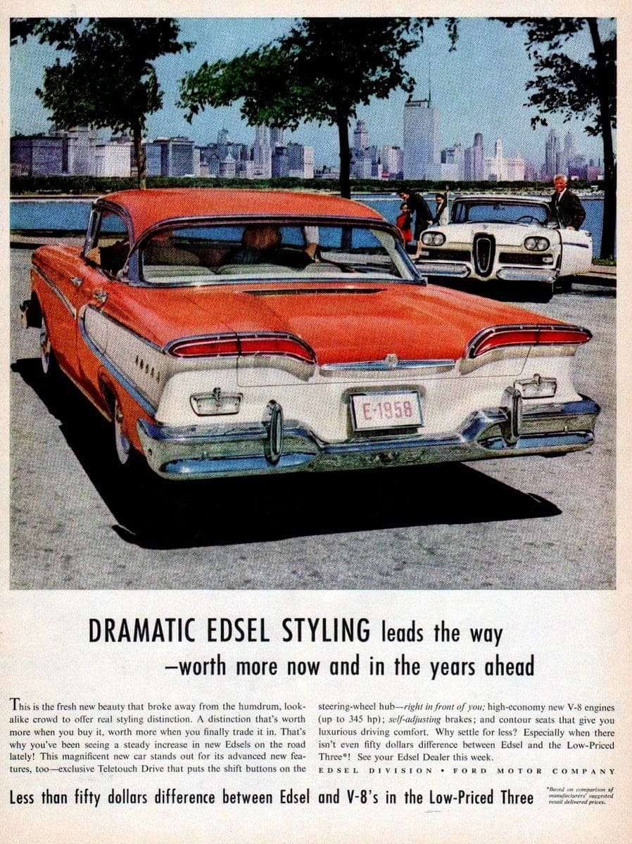 The Ford Edsel - Vintage car ad with red auto from 1958