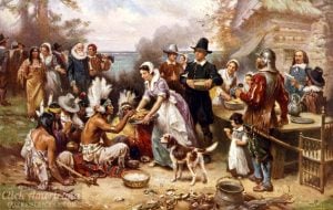 Thanksgiving history: The first Thanksgiving 1621 - JLG Ferris Pilgrims and Natives gather to share meal 1932