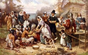 The first Thanksgiving 1621 - JLG Ferris Pilgrims and Natives gather to share meal 1932 via ClickAmericana com