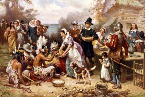 The first Thanksgiving 1621 - JLG Ferris Pilgrims and Natives gather to share meal 1932 via ClickAmericana com