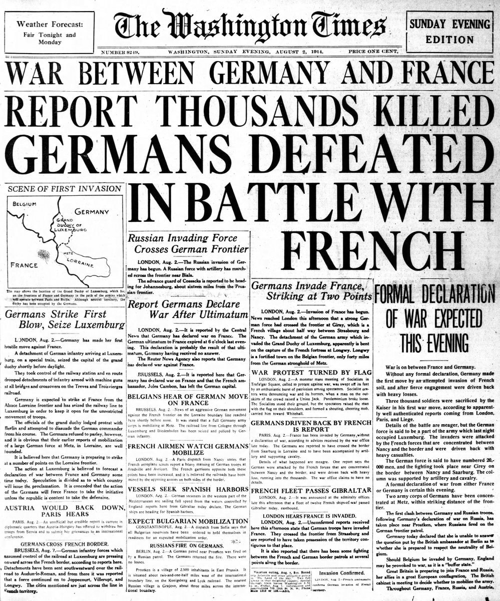 War declared American newspaper headlines from the very start of WWI