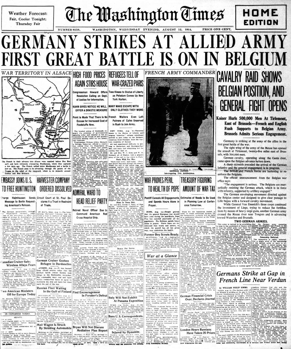 War declared American newspaper headlines from the very start of WWI