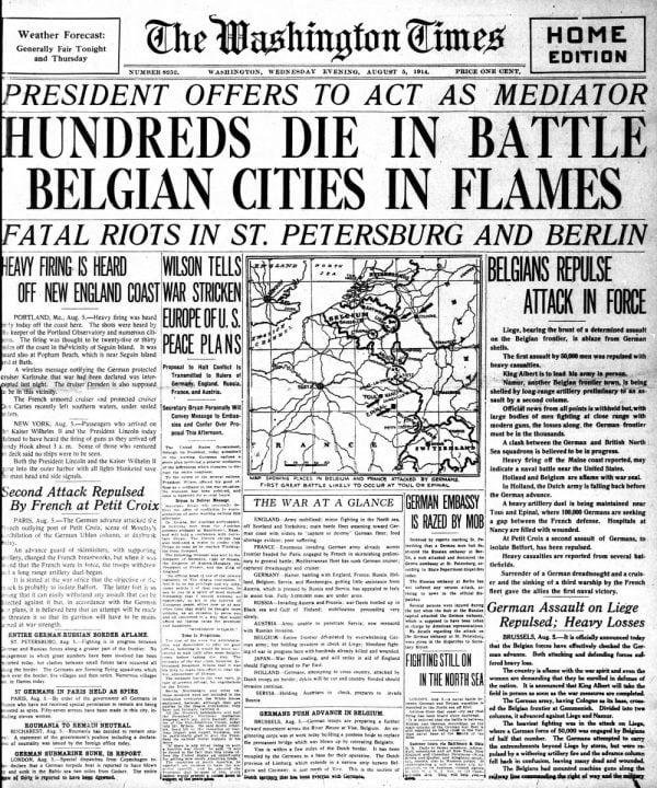 War declared American newspaper headlines from the very start of WWI