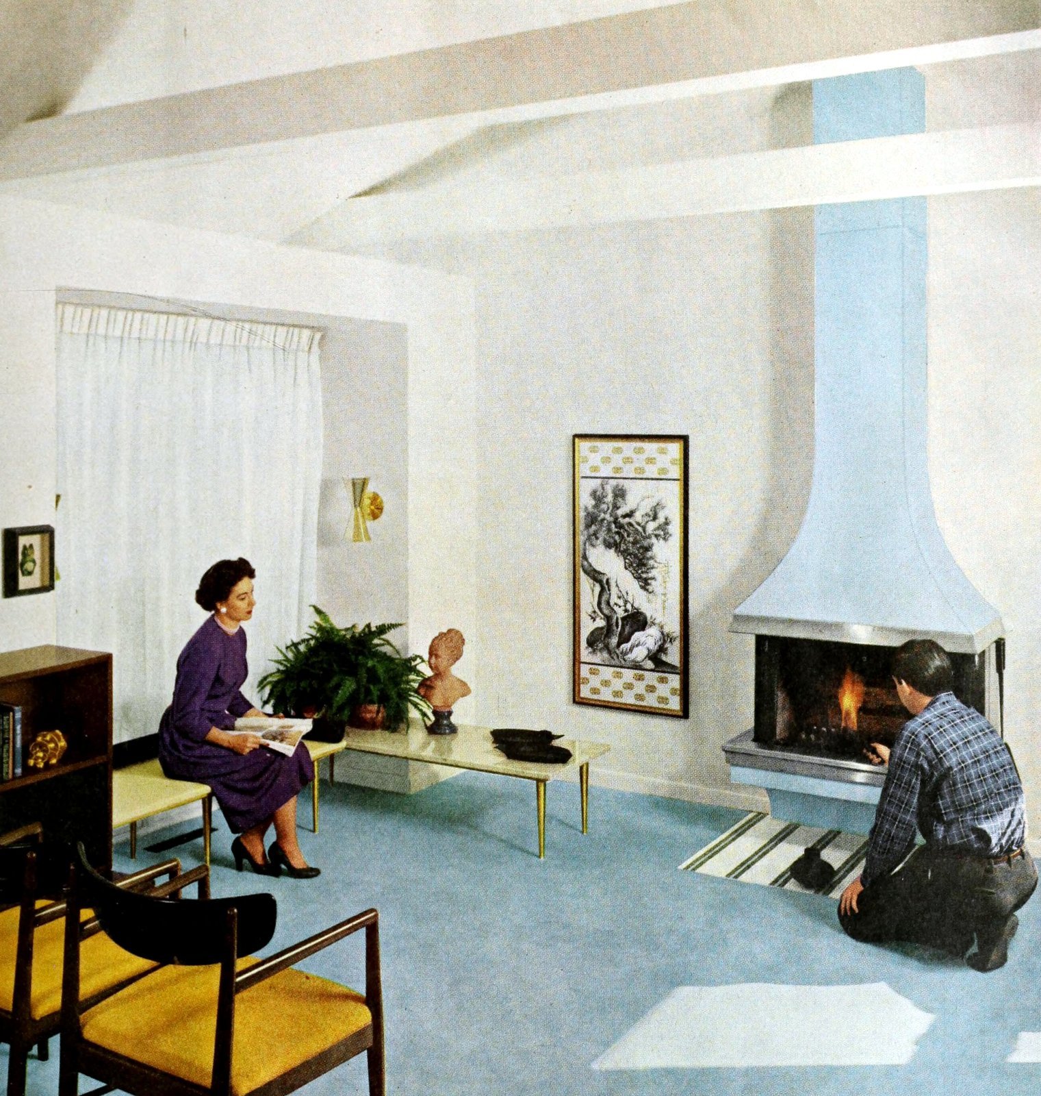 Stylish retro prefab fireplaces brought modern comfort to mid-century homes 10 Tidy living room with light blue wall-mounted prefab fireplace (1956) via ClickAmericana com