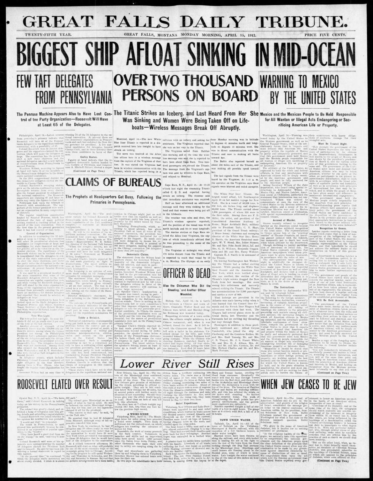 Titanic Newspaper front pages with the first stories of the disaster