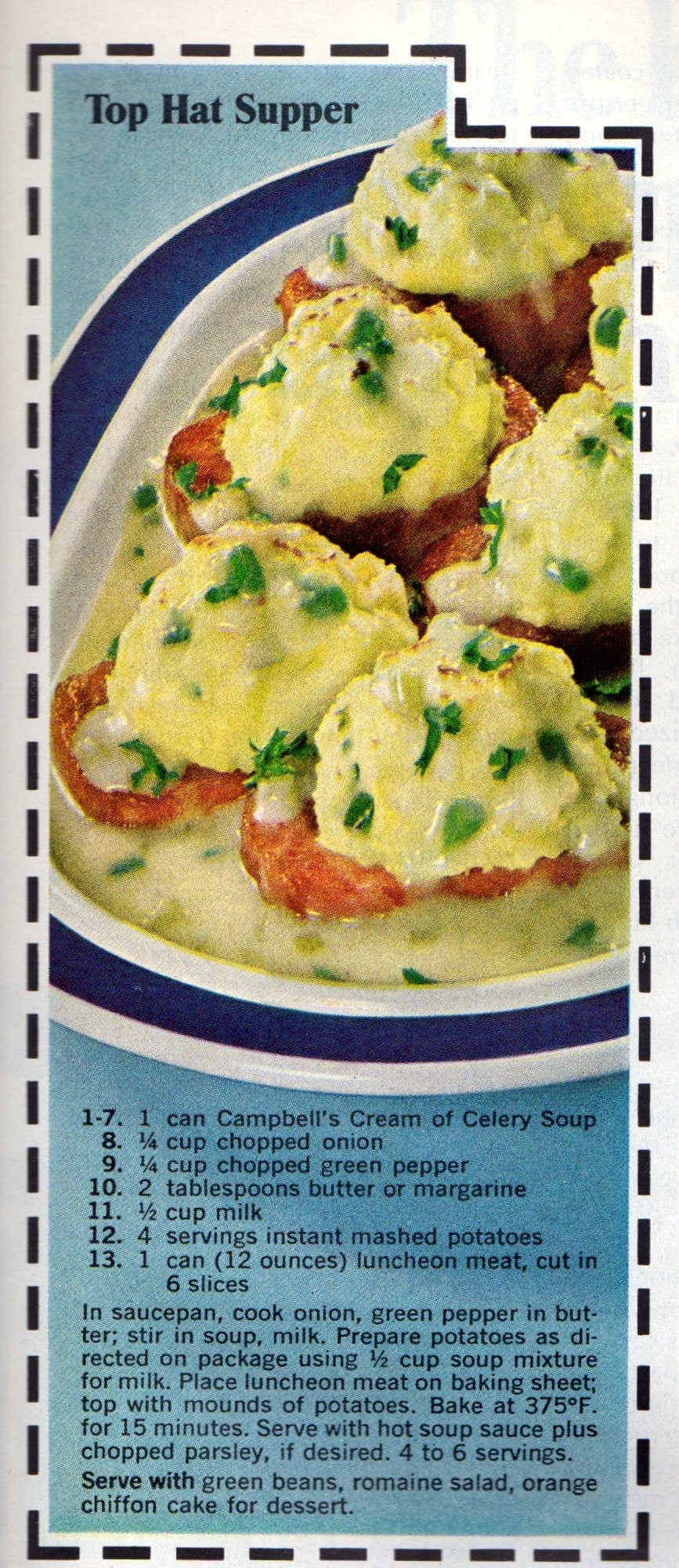 Top Hat Supper retro dinner recipe made with Spam & mashed potatoes