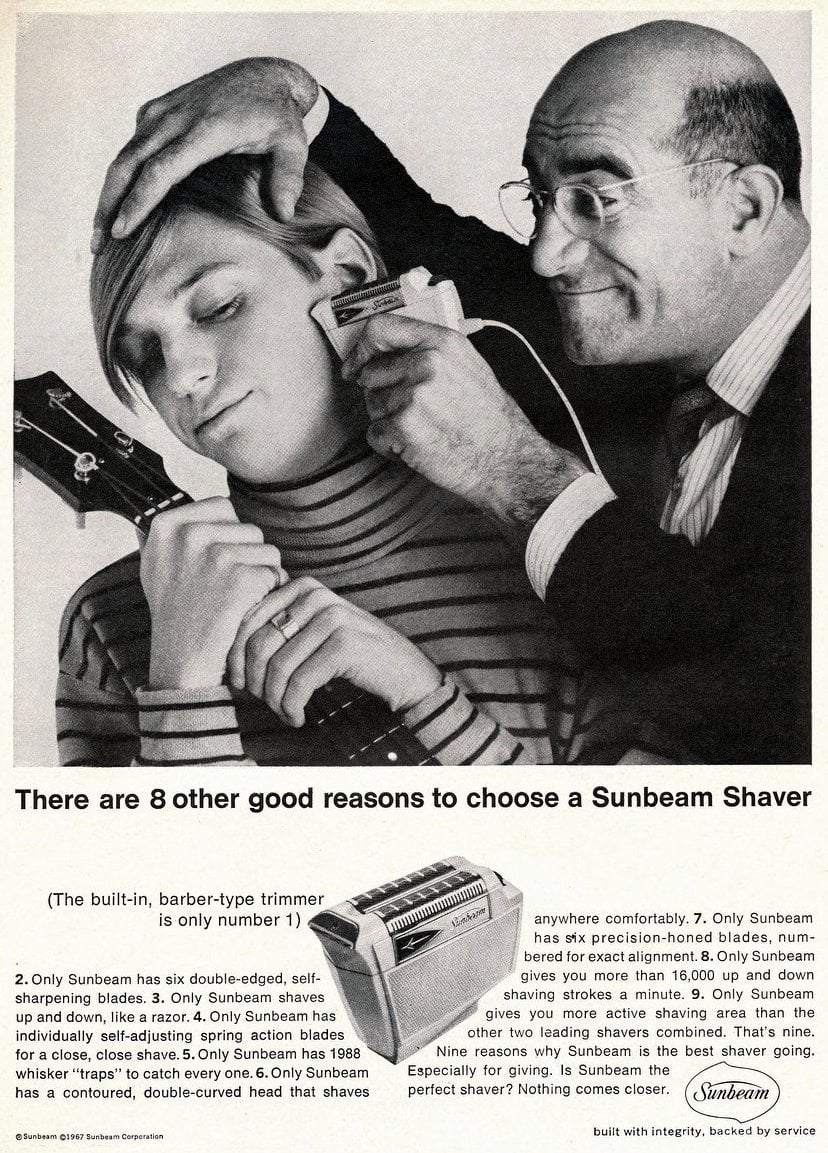 Trimming hippie kid hair - Sunbeam ad from 1967 via ClickAmericana com