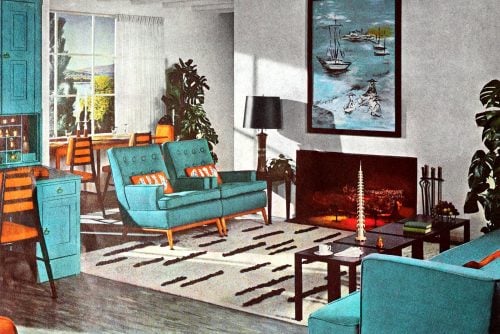 Turquoise orange decor warm house cool home (1950s)