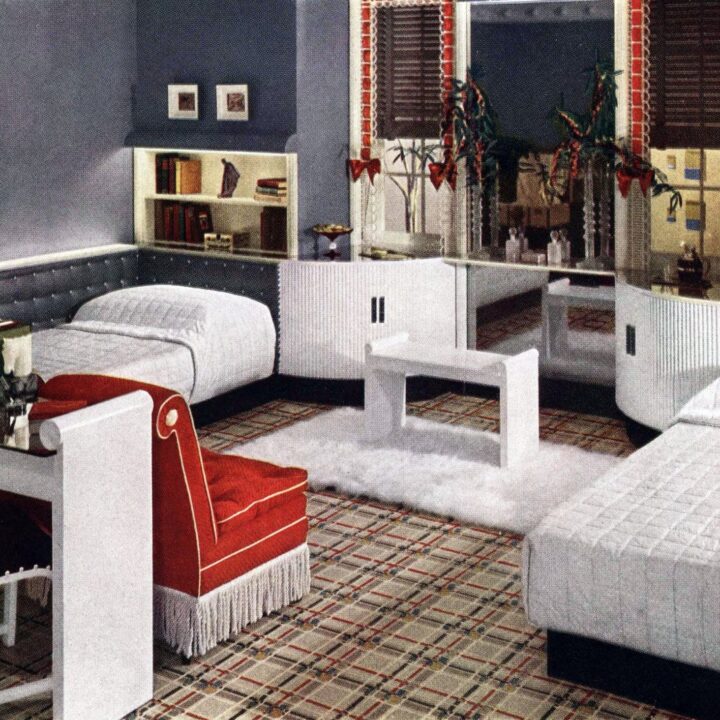 Two bedroom decor in white grey red (1930s)