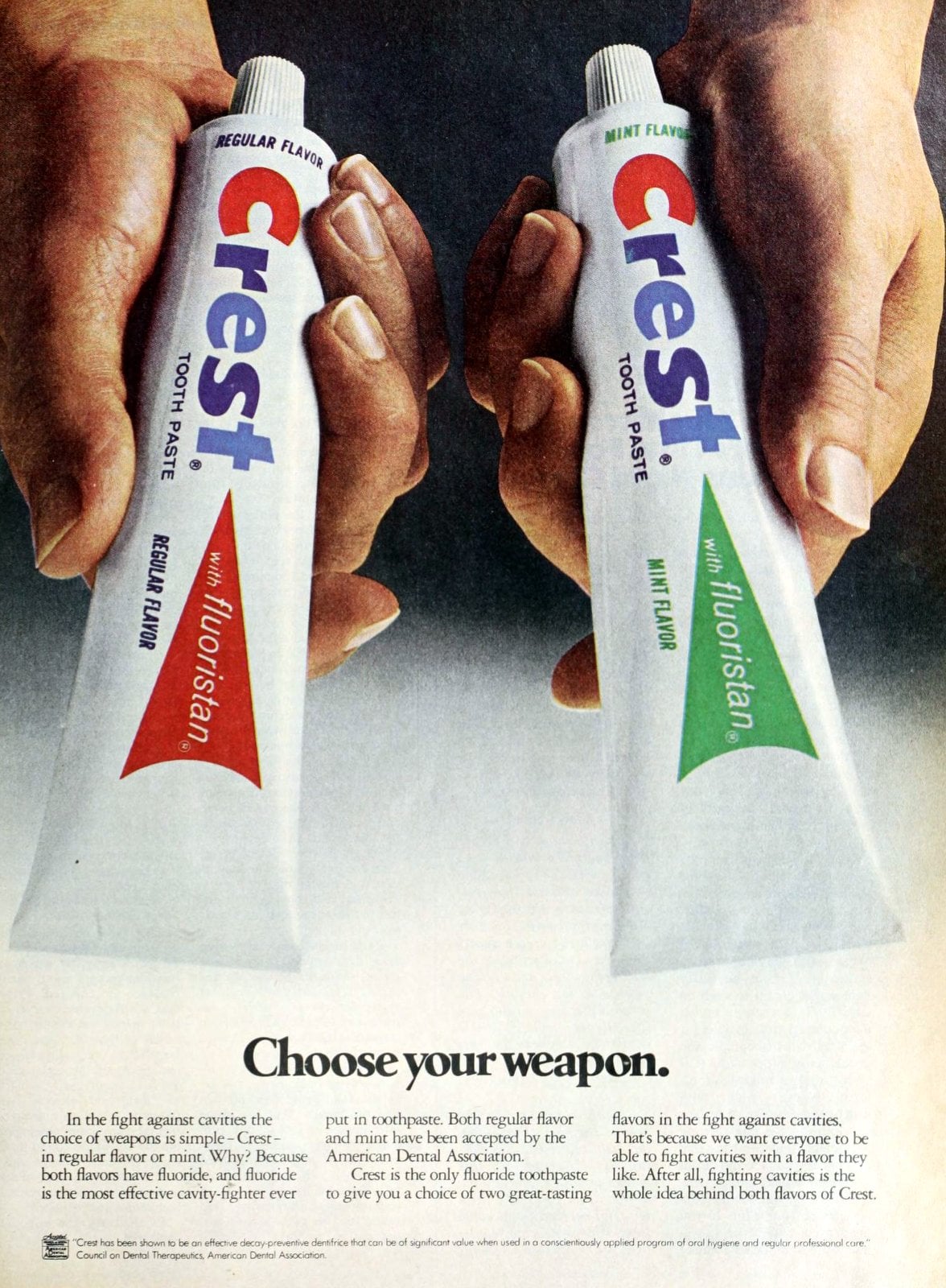 Two flavors of 70s Crest toothpaste (1973) via ClickAmericana com