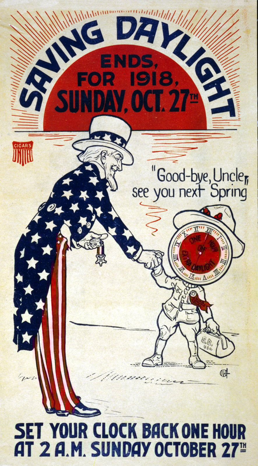 Uncle Sam for end of daylight savings (1918) via ClickAmericana com