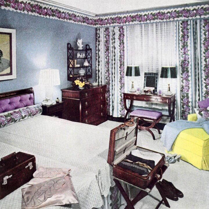 Vintage 1940s white and purple guest room