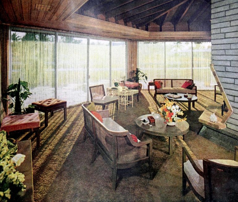 This unique hexagonal living room had a hexagonal fireplace, too