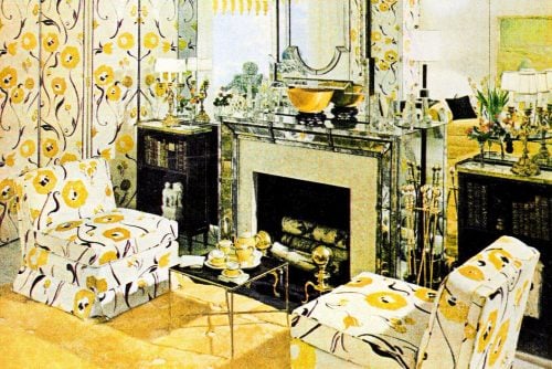 Vintage 1960s mirrored fireplace wall made this living room