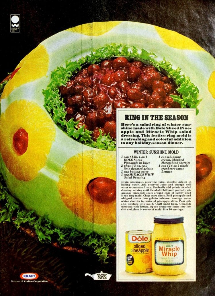 Vintage 1976 Winter Sunshine Mold with pineapple miracle whip gelatin and cranberry sauce recipe