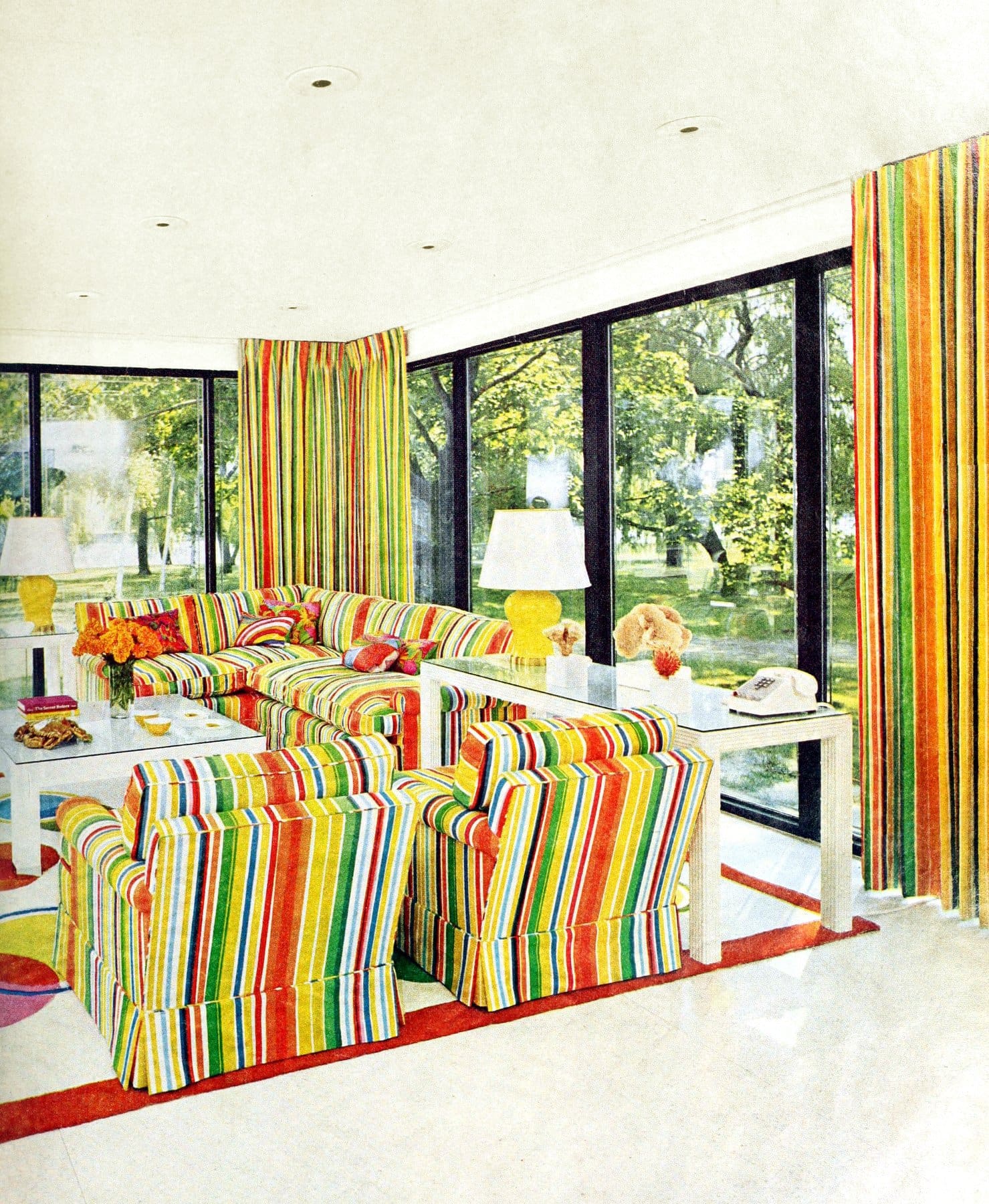 Vintage 60s striped sunroom decor vivid & welcoming