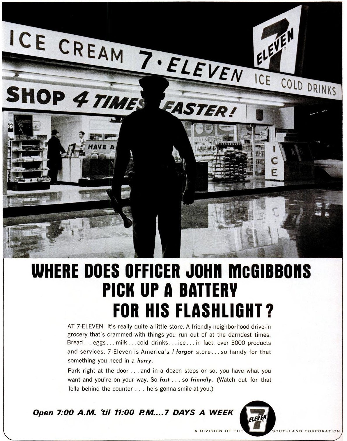 Vintage 7-Eleven stores & the era of Slurpees, arcade games & quick stops 4 Vintage 7-Eleven store with police officer (1966) via ClickAmericana com