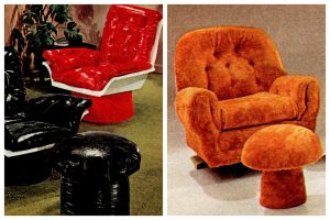 Vintage '70s toadstool ottomans and gull-wing chairs