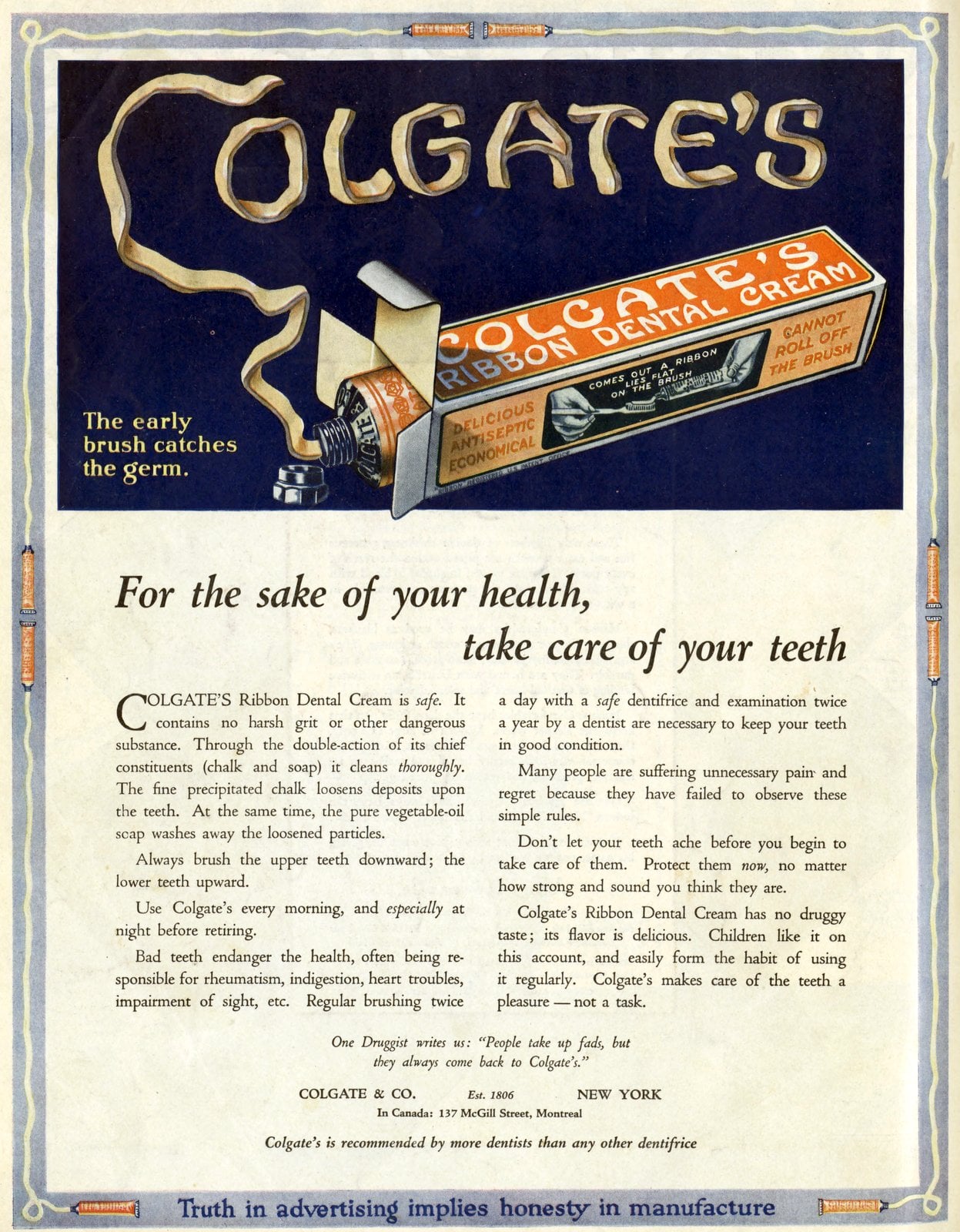 Vintage Colgate's Ribbon Dental Cream advertisement (1921) via ClickAmericana com