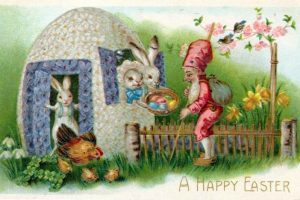 Vintage Easter postcard from 1909 with an egg house