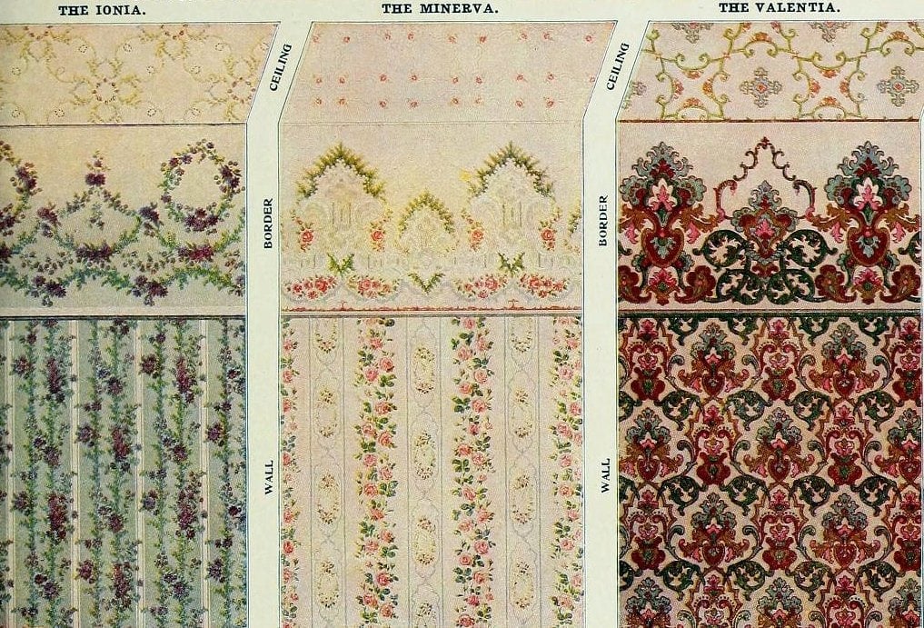Old Edwardian wallpaper styles & home decor, plus 40 real paper samples from the early 1900s