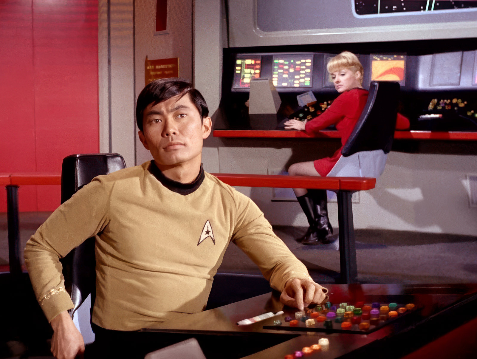 Vintage George Takei on Star Trek Enterprise bridge via ClickAmericana com