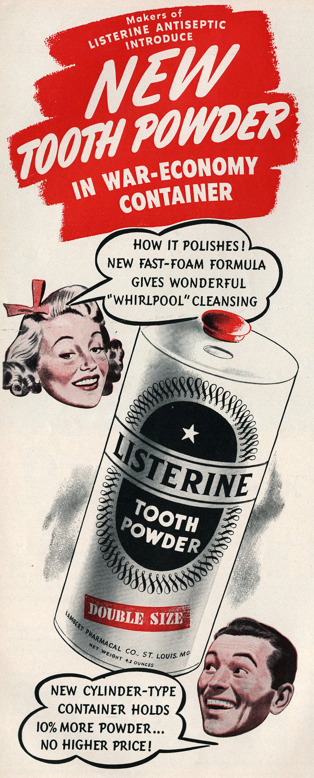 Vintage Listerine tooth powder (1943) via ClickAmericana com