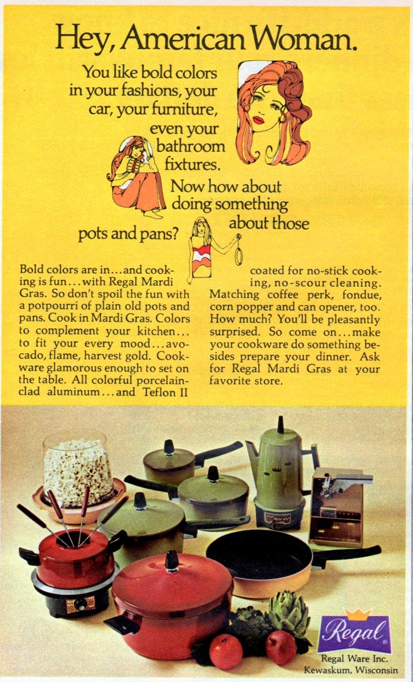 Retro pots & pans in the best '70s colors, like avocado & harvest gold