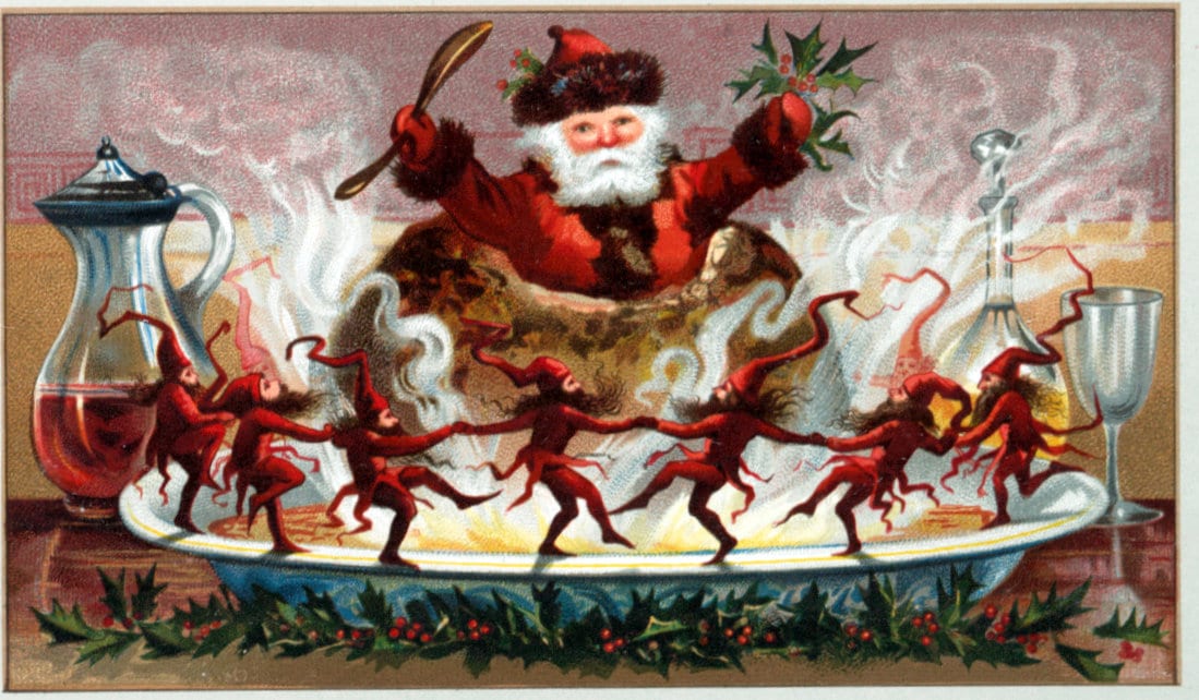 Old St Nick & the fascinating story behind how Santa Claus came to America (1891) 8 Vintage Santa in a Christmas pudding - Victorian greeting card