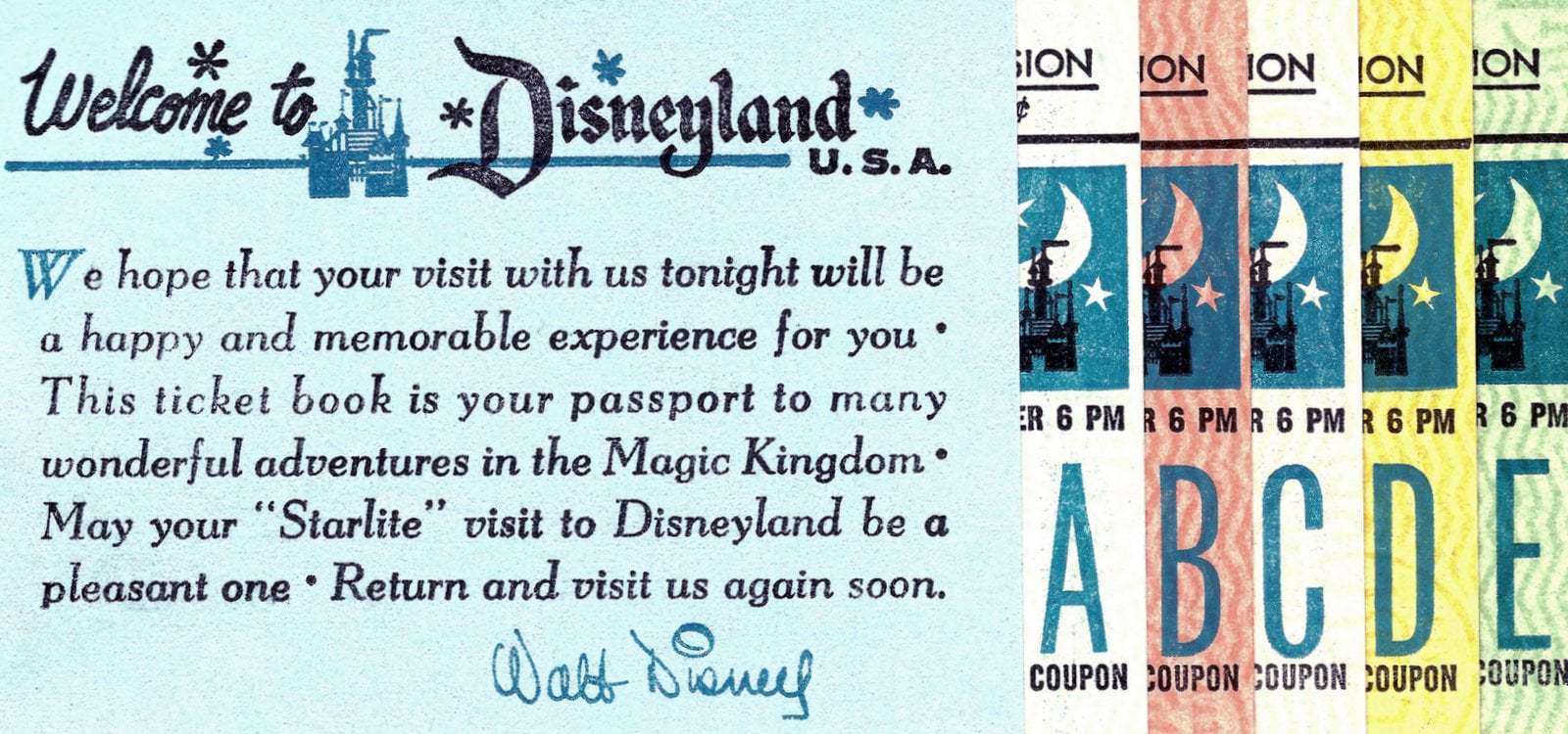 Vintage Disneyland tickets: The A B C D E rides and attractions at the Magic Kingdom (1959-1982) 10 Vintage Ticket books - Disneyland - night - starlite visit
