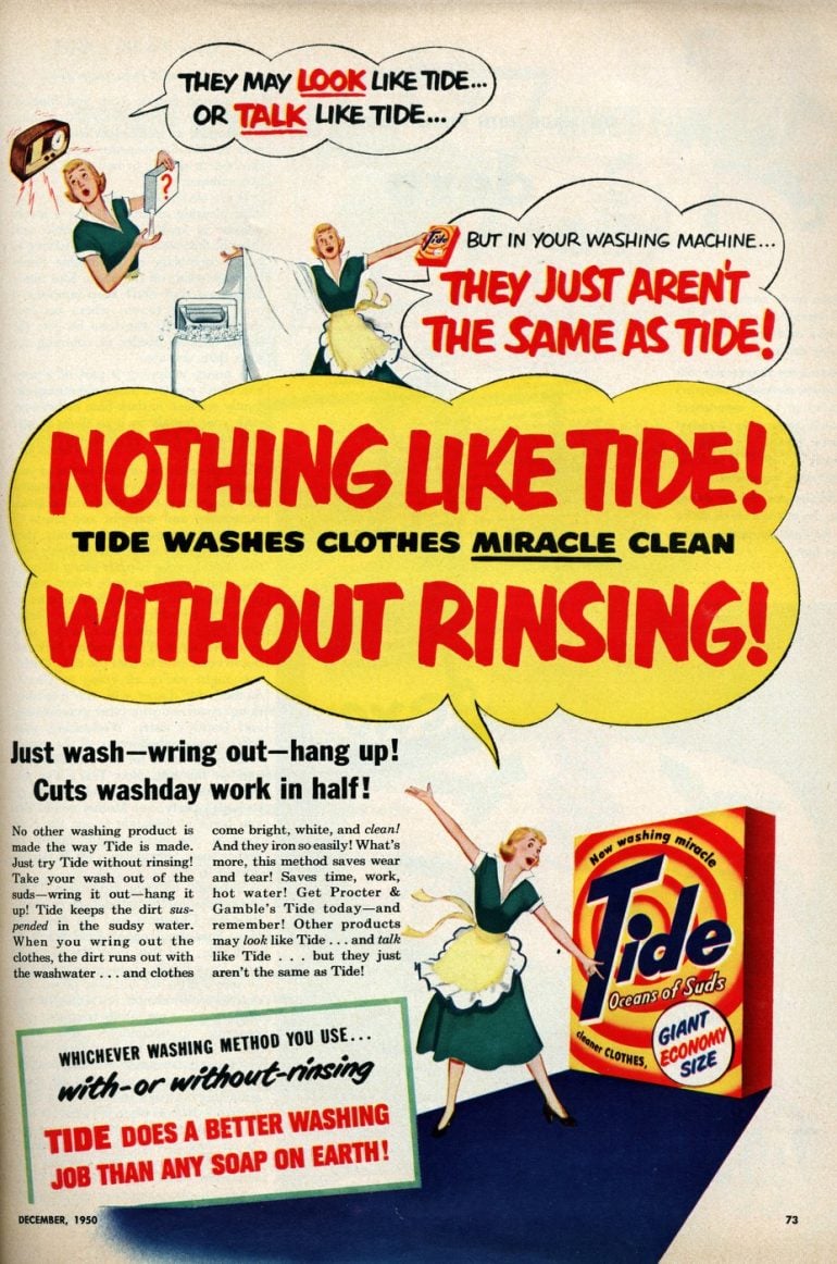 Check out these superretro Tide laundry detergent ads from the 1950s
