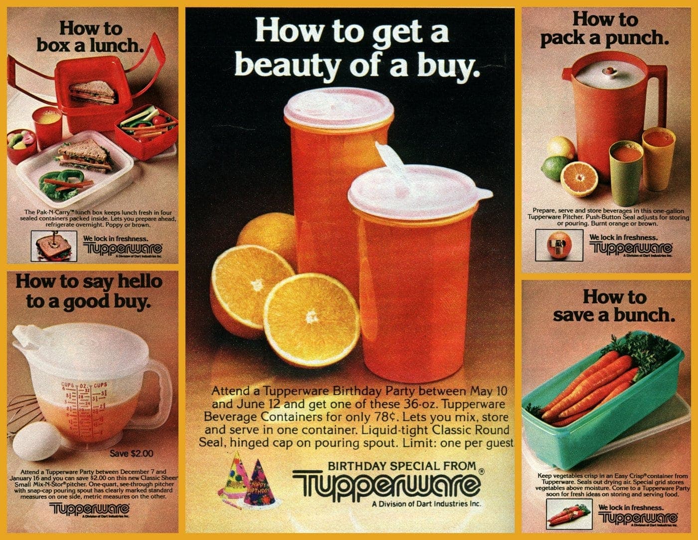 Vintage Tupperware containers from the '80s, in trendy retro colors like poppy, burnt orange