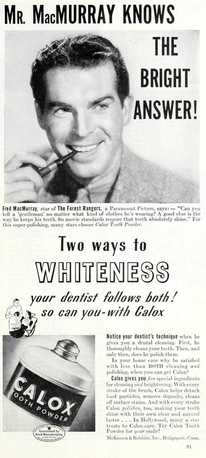 Vintage actor Fred McMurray Calox tooth powder ad 1942 via ClickAmericana com