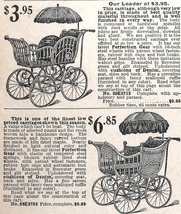 See how different antique baby carriages & oldfashioned strollers used