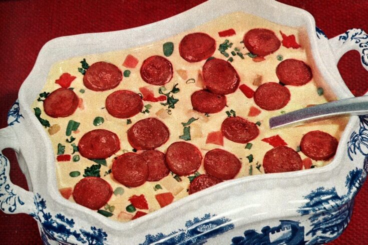 Vintage cheesy hot dog soup recipe from 1955