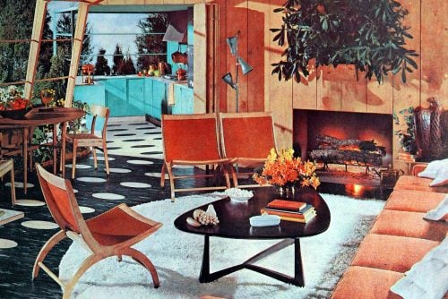 Vintage glassy open-plan living room midcentury 1950s