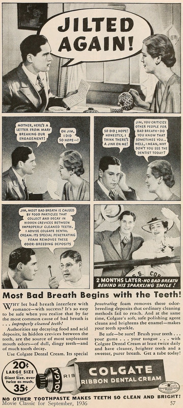 Vintage jilted panel story for Colgate Ribbon Dental Cream (1937) via ClickAmericana com
