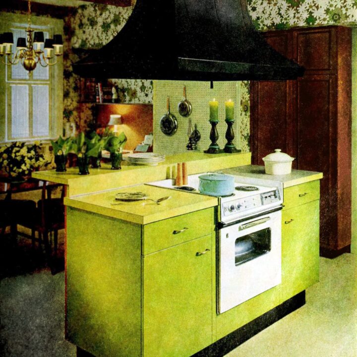 Vintage kitchen island cooking center in chartreuse and yellow demanded attention