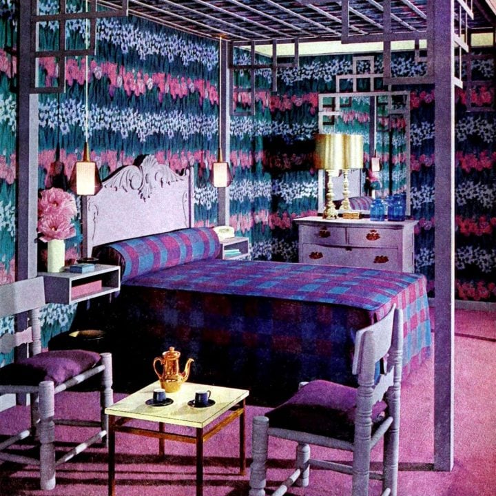 Vintage purple canopy-like trellis over the bed from the 1960s